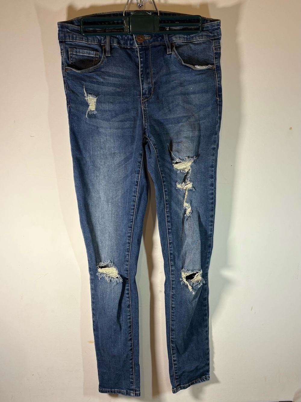 Resfeber NYC Collection Distressed Mid-Rise Skinny Jeans - Denim Blue - Size 12
